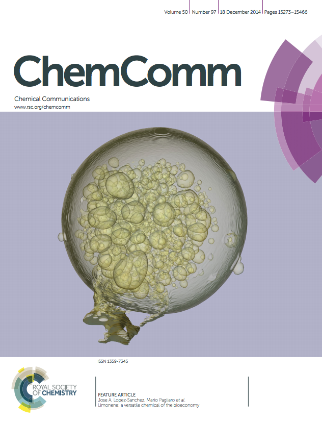 Chemical Communications cover issue 97,
                  volume 50, 2014, dedicated to Mario Pagliaro's Lab
                  work