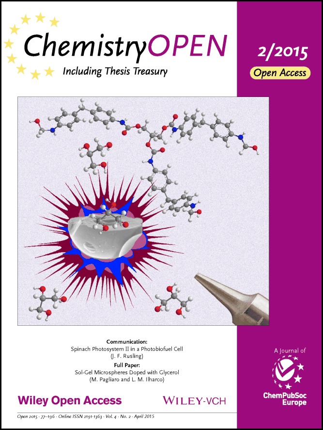 ChemistryOpen -
                  Cover of issue 2, volume 4, 2015, dedicated to Mario
                  Pagliaro's Lab work