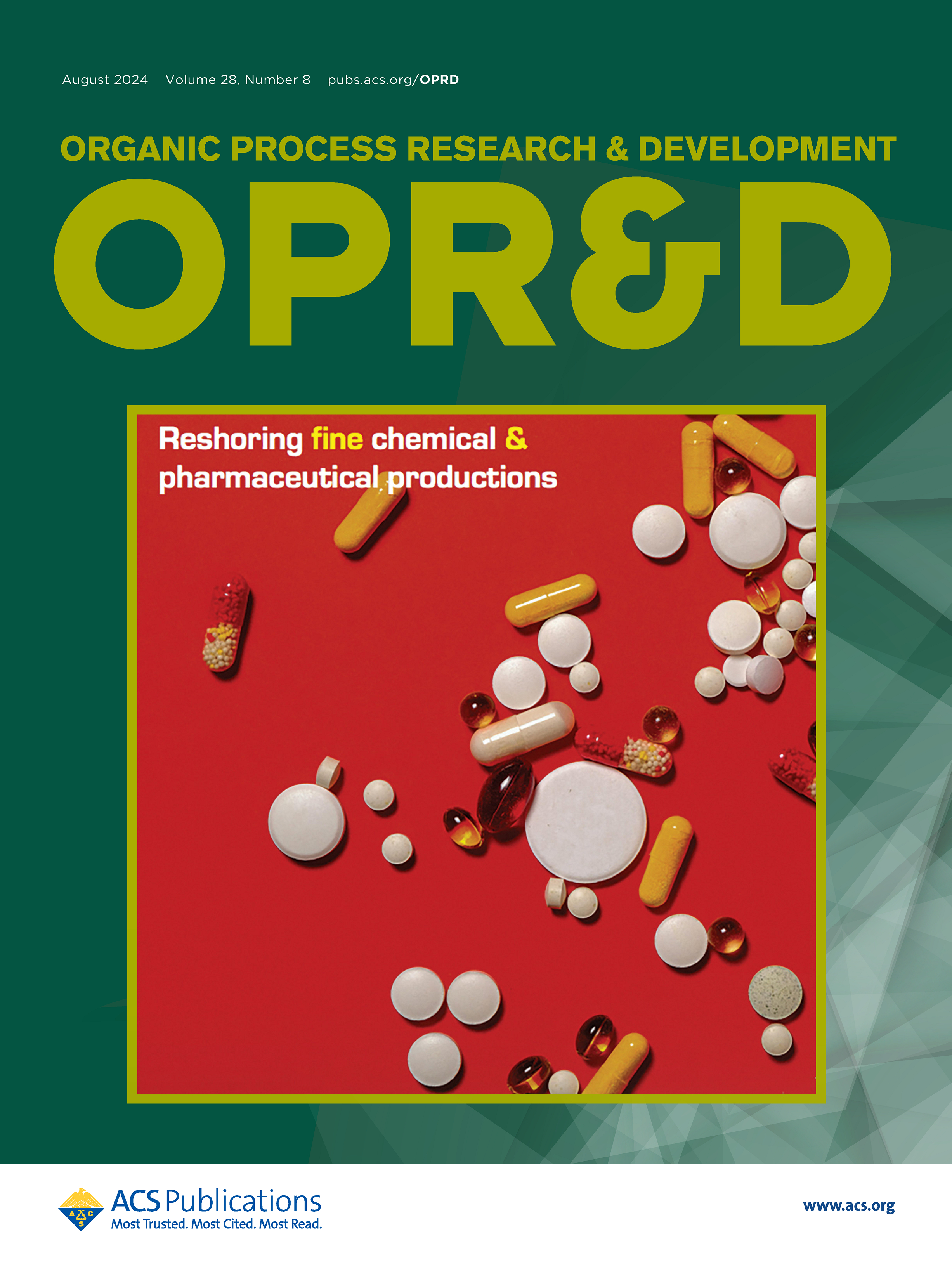 Cover of Organic Process Research and Development issue 8/2024 dedicated to  study Reshoring fine chemicals and pharmaceuticals productions