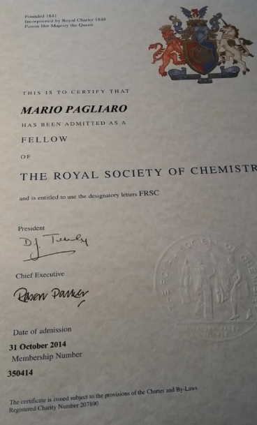 Mario Pagliaro's RSC Fellowship certificate